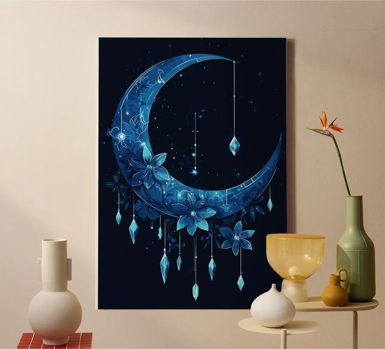 Blauwe maan met kristallen bloemen canvas met Baklijst van pixelbull - medieval art and more