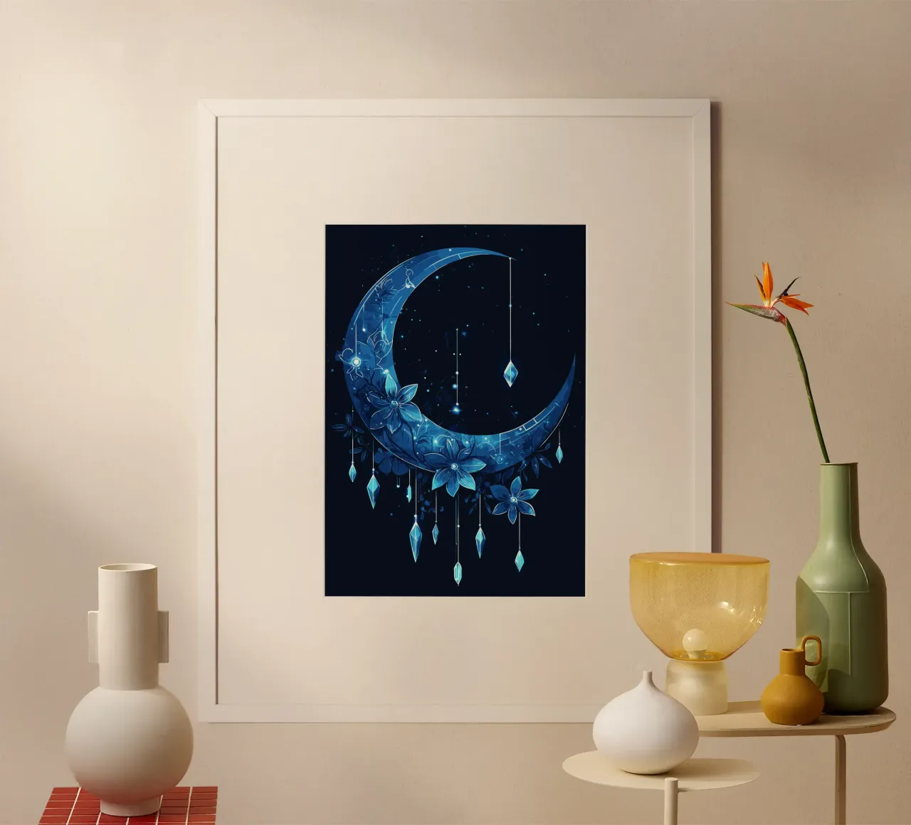 Luna blu con fiori di cristallo poster con telaio in legno da pixelbull - medieval art and more