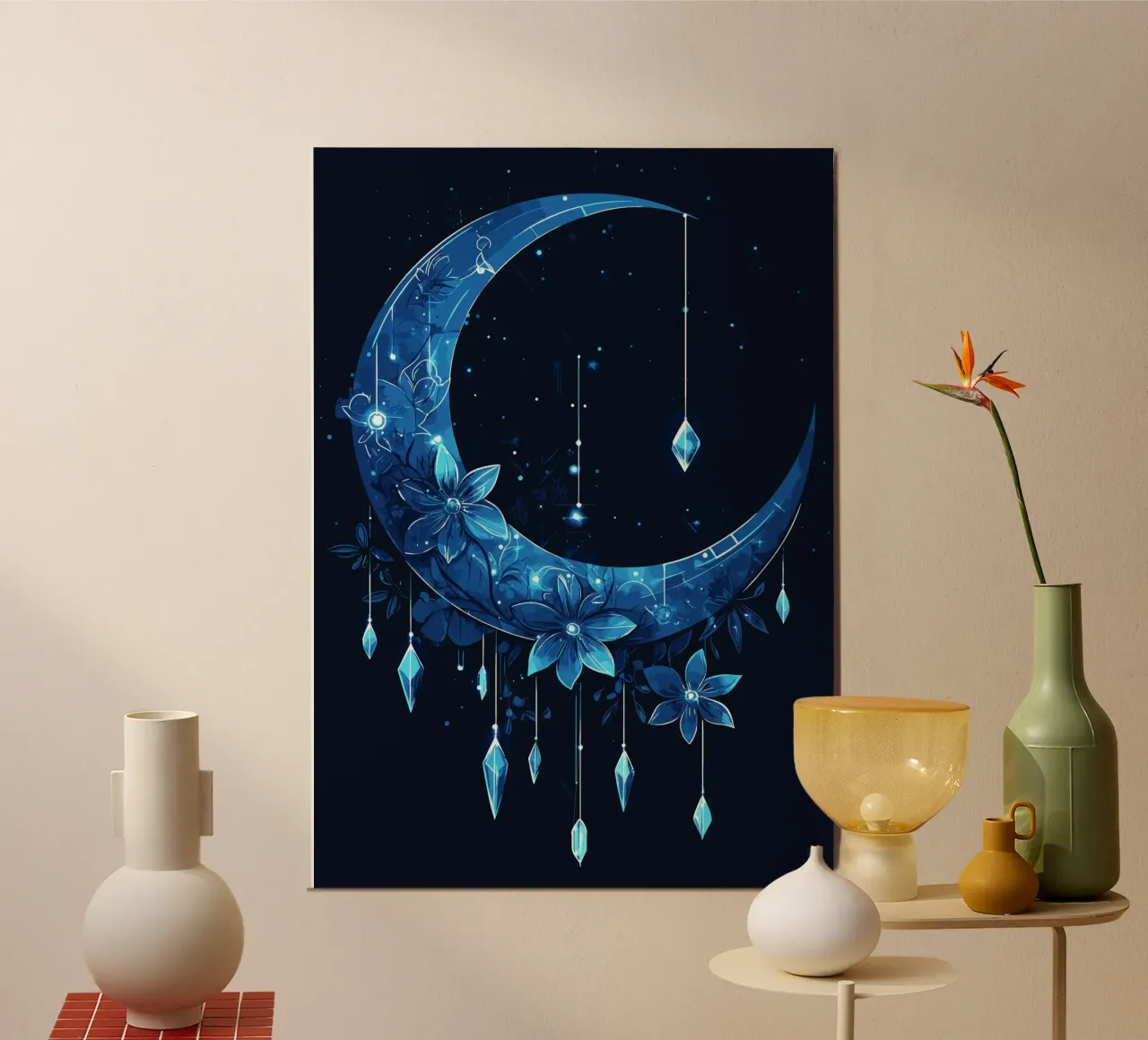 Luna blu con fiori di cristallo poster con telaio in legno da pixelbull - medieval art and more