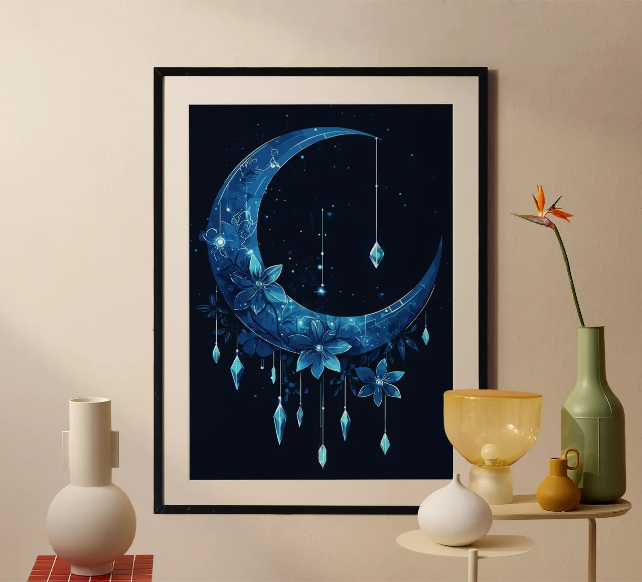 Luna blu con fiori di cristallo poster con telaio in legno da pixelbull - medieval art and more