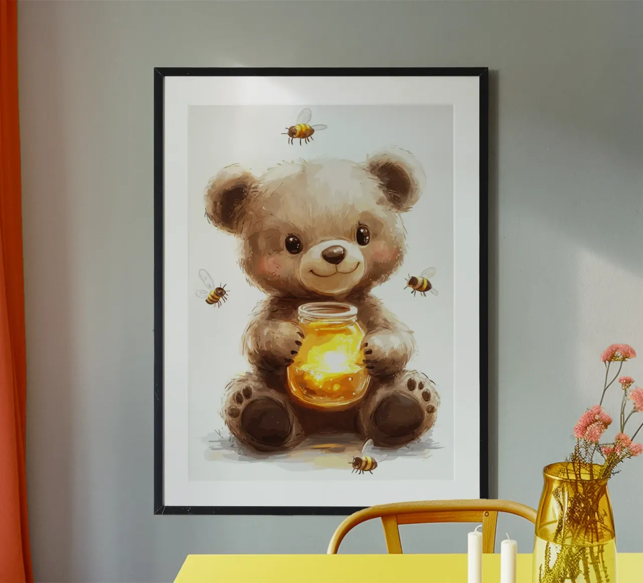 Orso del miele con le amiche api poster con telaio in legno da pixelbull - medieval art and more