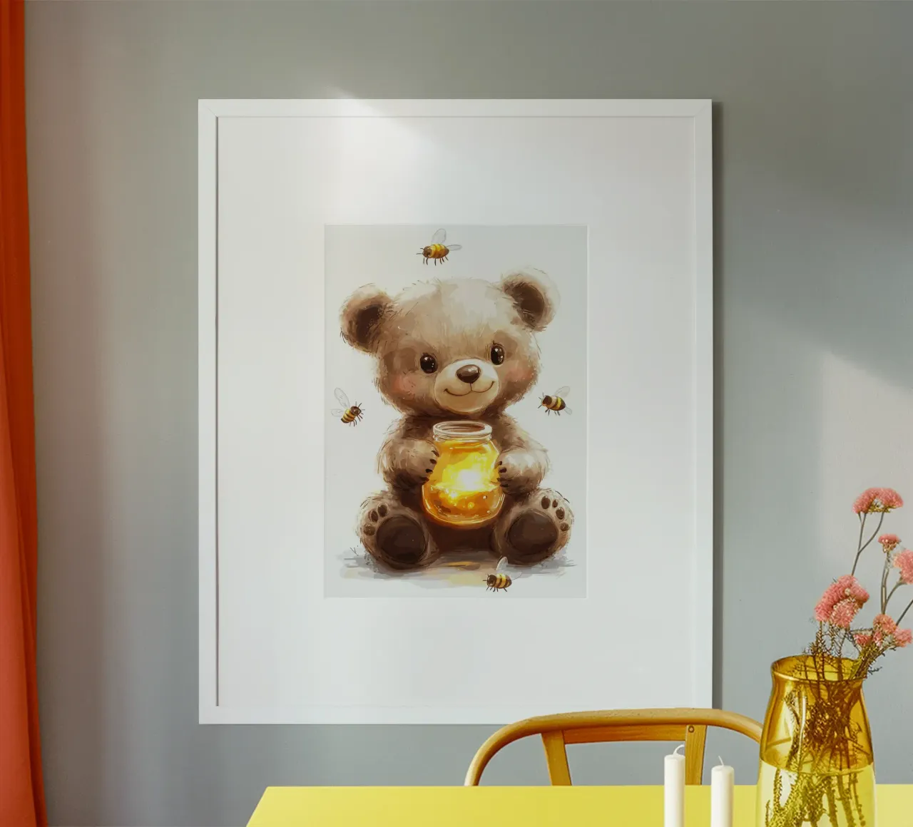 Orso del miele con le amiche api poster con telaio in legno da pixelbull - medieval art and more