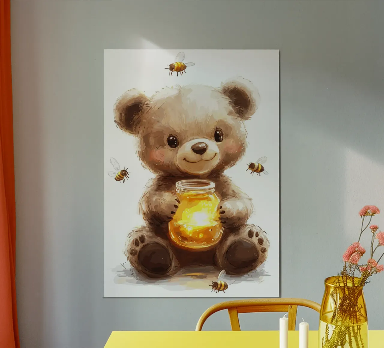 Orso del miele con le amiche api poster con telaio in legno da pixelbull - medieval art and more