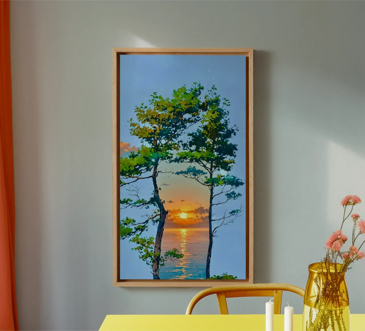couple tree window canvas with Floater frame by throme