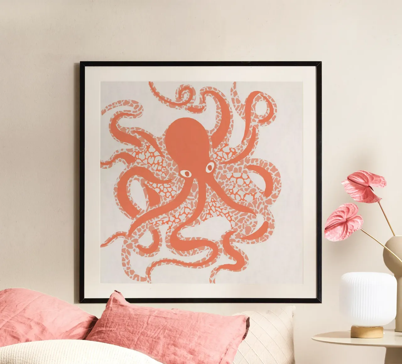 Coral Octopus poster with wooden frame by Asha Designs