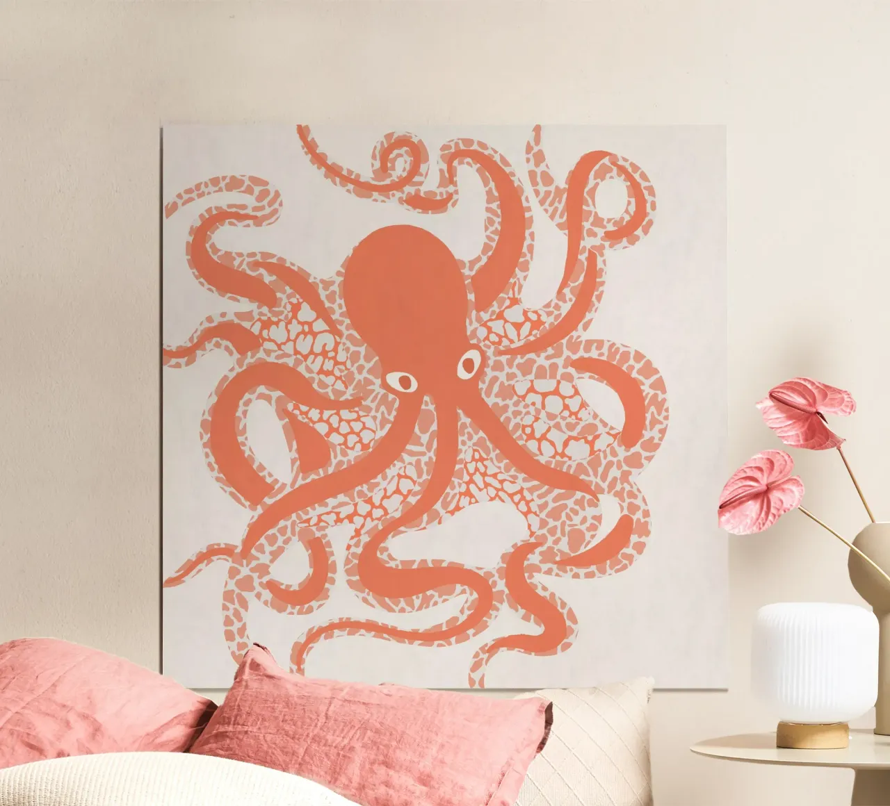 Coral Octopus poster with wooden frame by Asha Designs