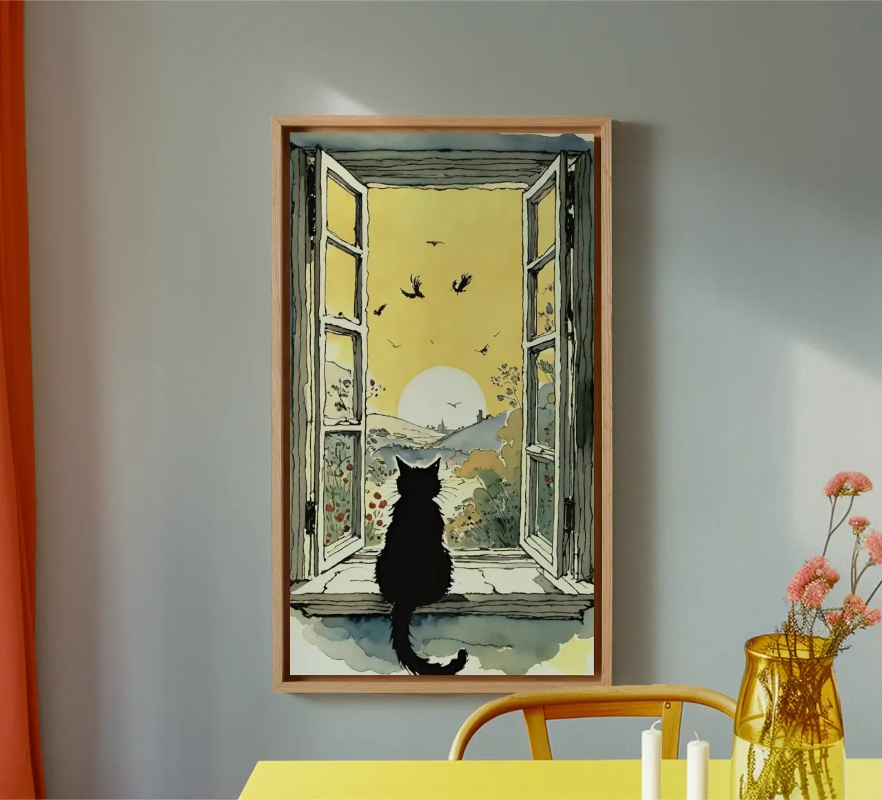 cat on window canvas met Baklijst van throme