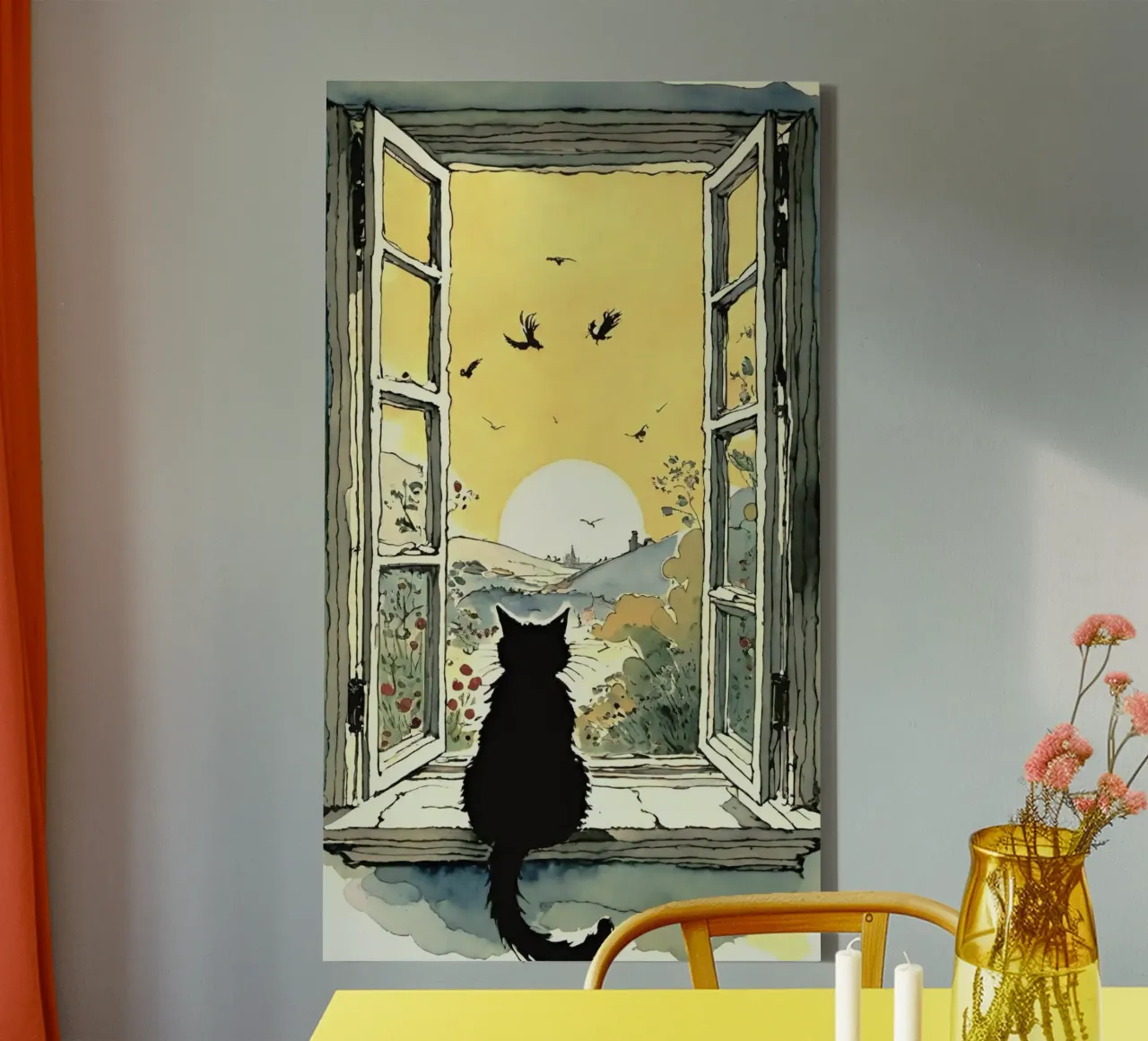 cat on window canvas met Baklijst van throme