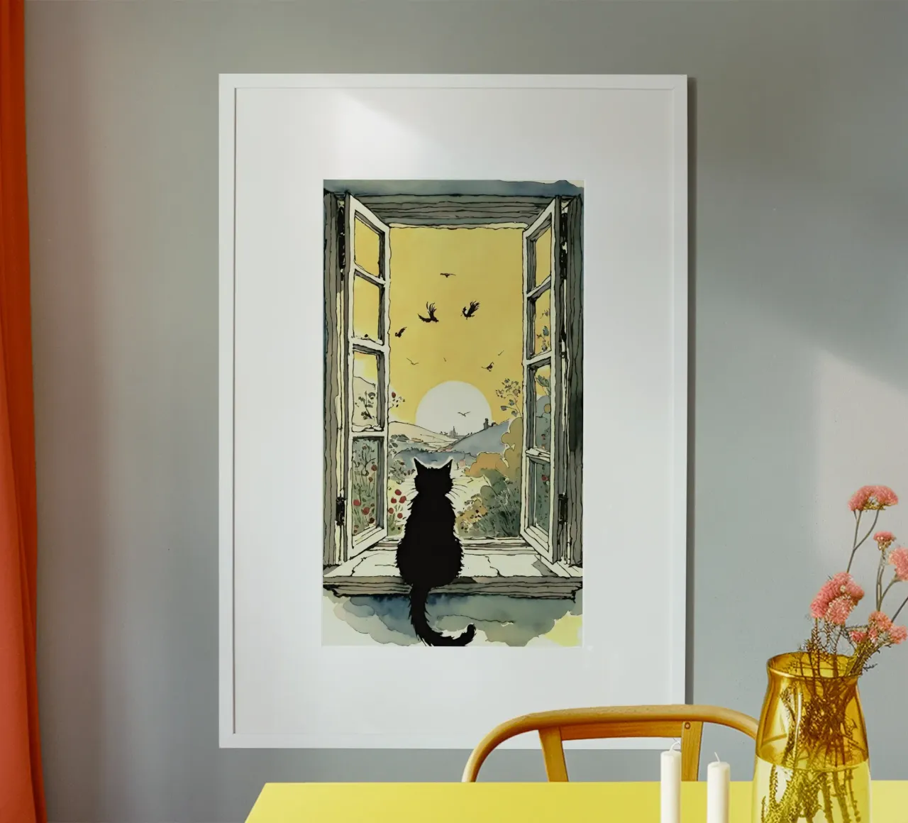 cat on window poster con telaio in alluminio da throme