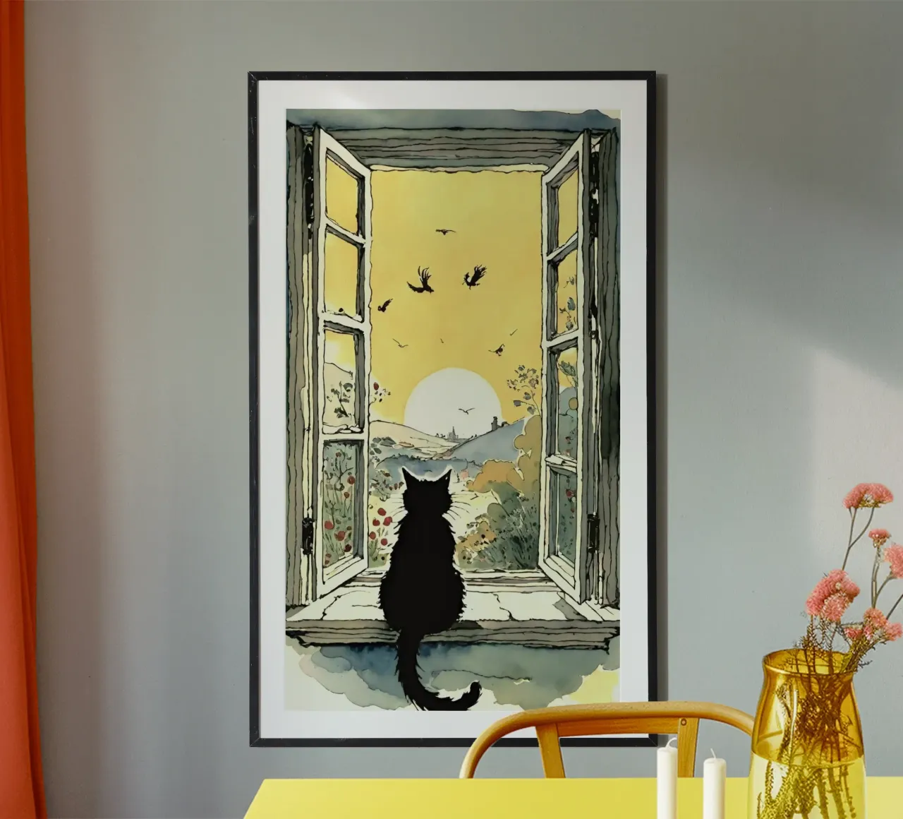 cat on window poster con telaio in alluminio da throme