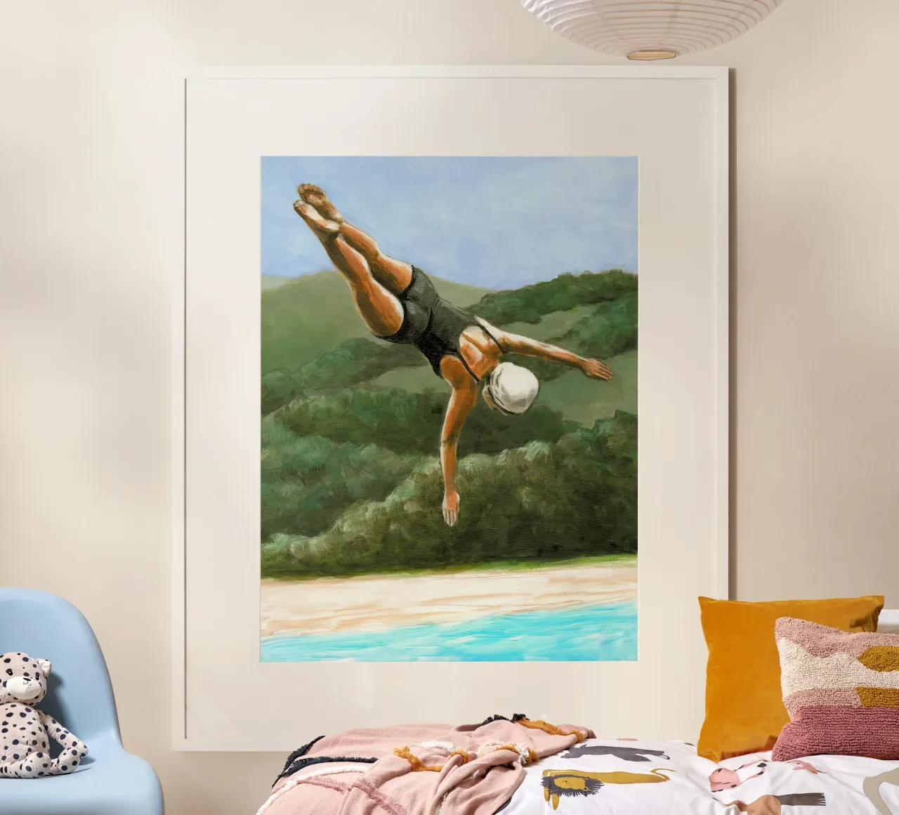 Tuffatore sopra il lago - Sarah Morrissette poster con telaio in legno da Rachelwhell