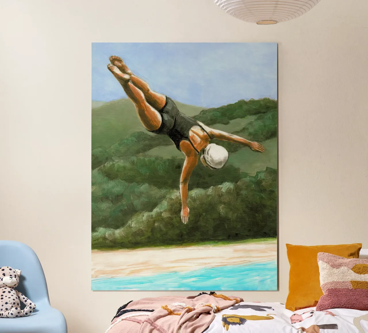 Tuffatore sopra il lago - Sarah Morrissette poster con telaio in legno da Rachelwhell