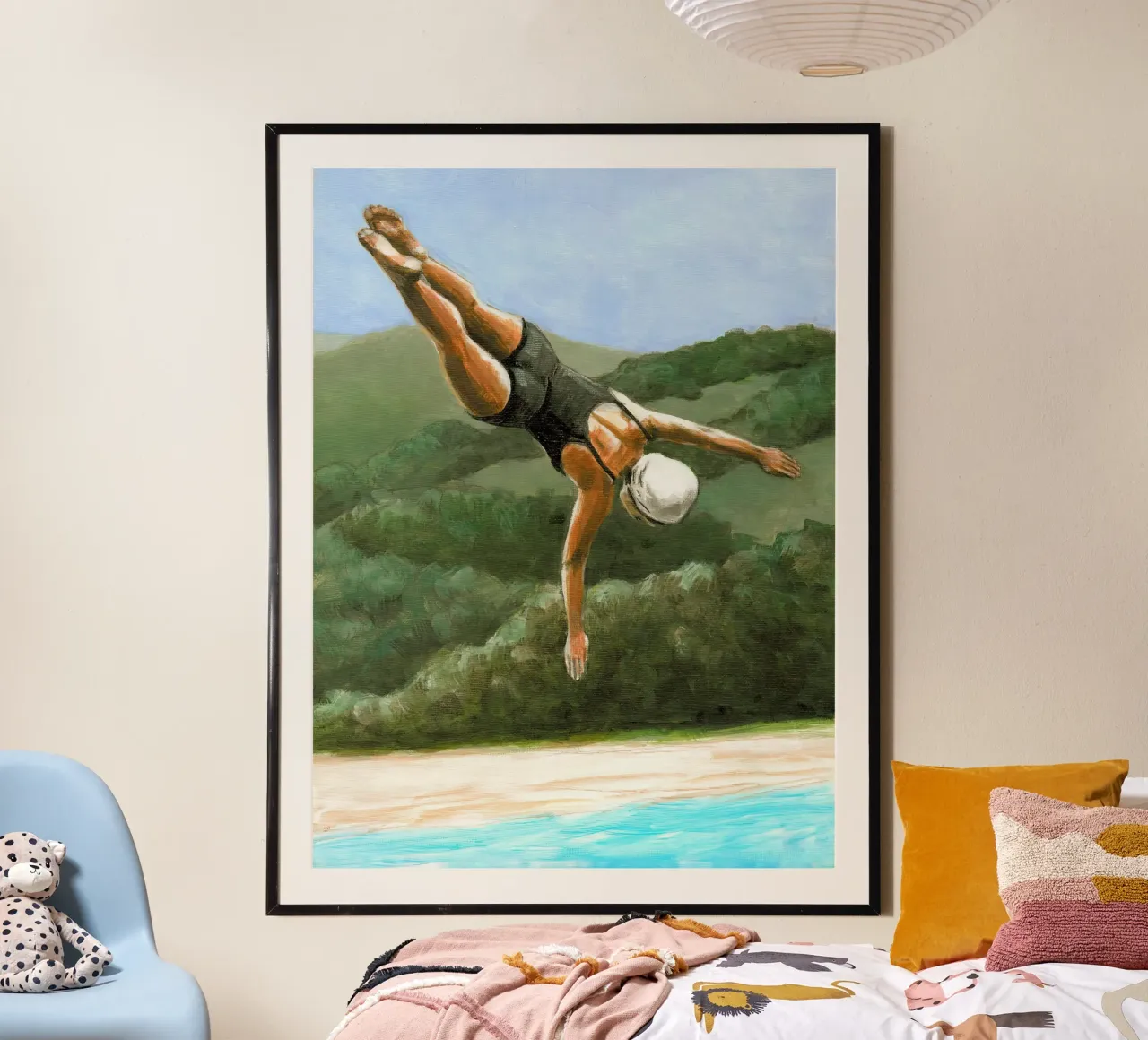 Tuffatore sopra il lago - Sarah Morrissette poster con telaio in legno da Rachelwhell