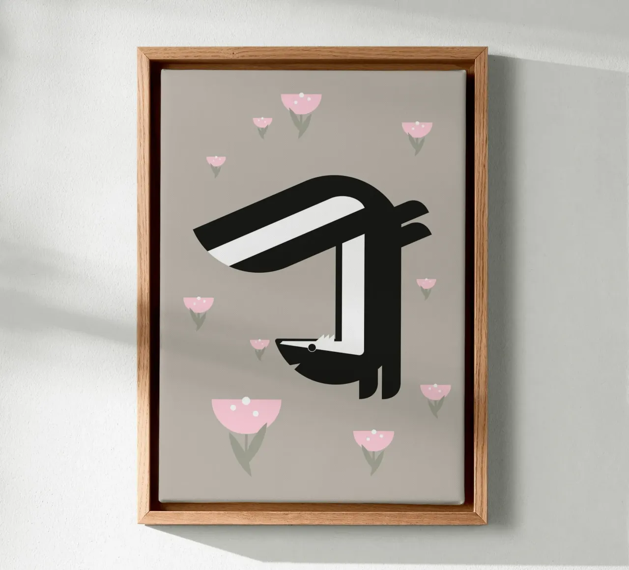 Happy Skunk in field of flowers canvas with Floater frame by Carolin Vonhoff