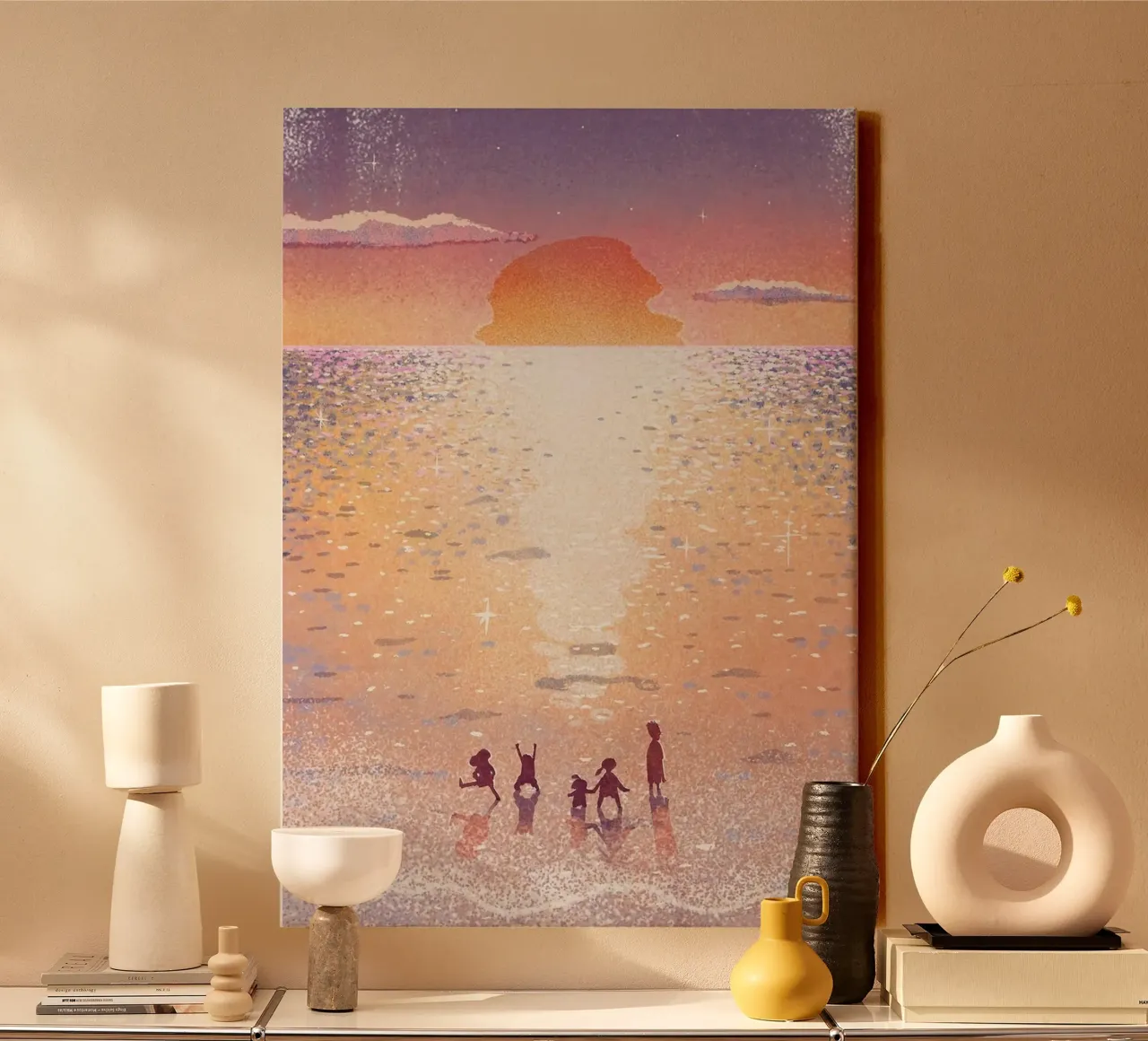 Children playing on the beach canvas met Baklijst van mip of map