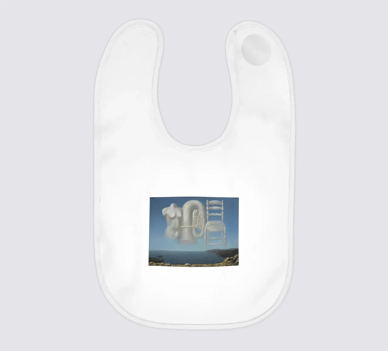 Le Temps Menaçant (Tempo minaccioso) di René Magritte bavaglino da Corene Morar