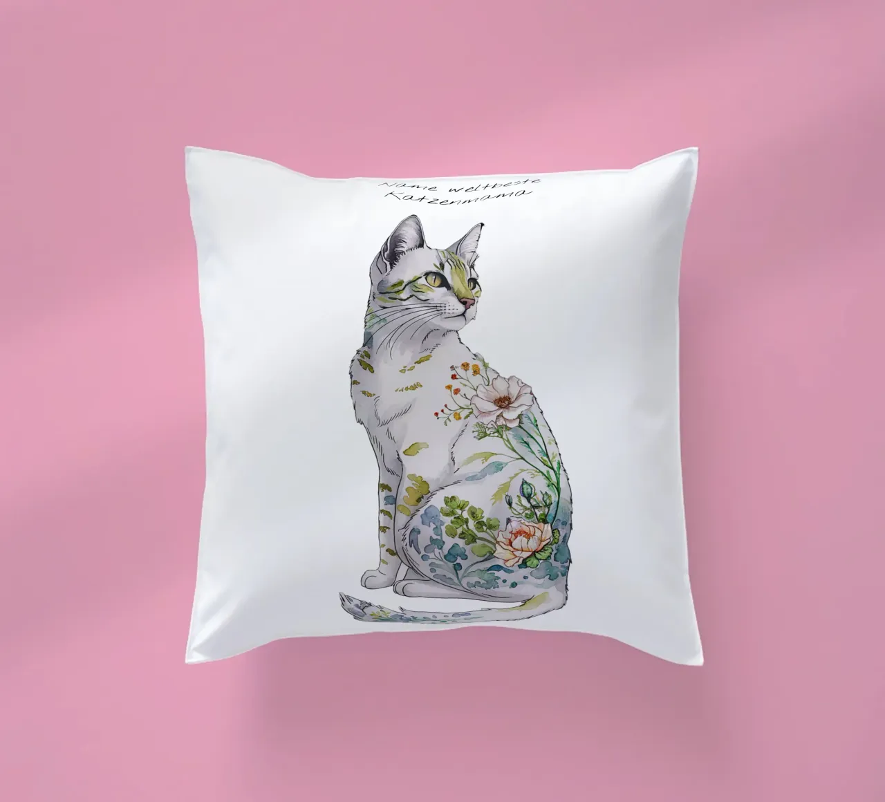Cat motif floral with text of your choice decorative cushion by 20 Farben