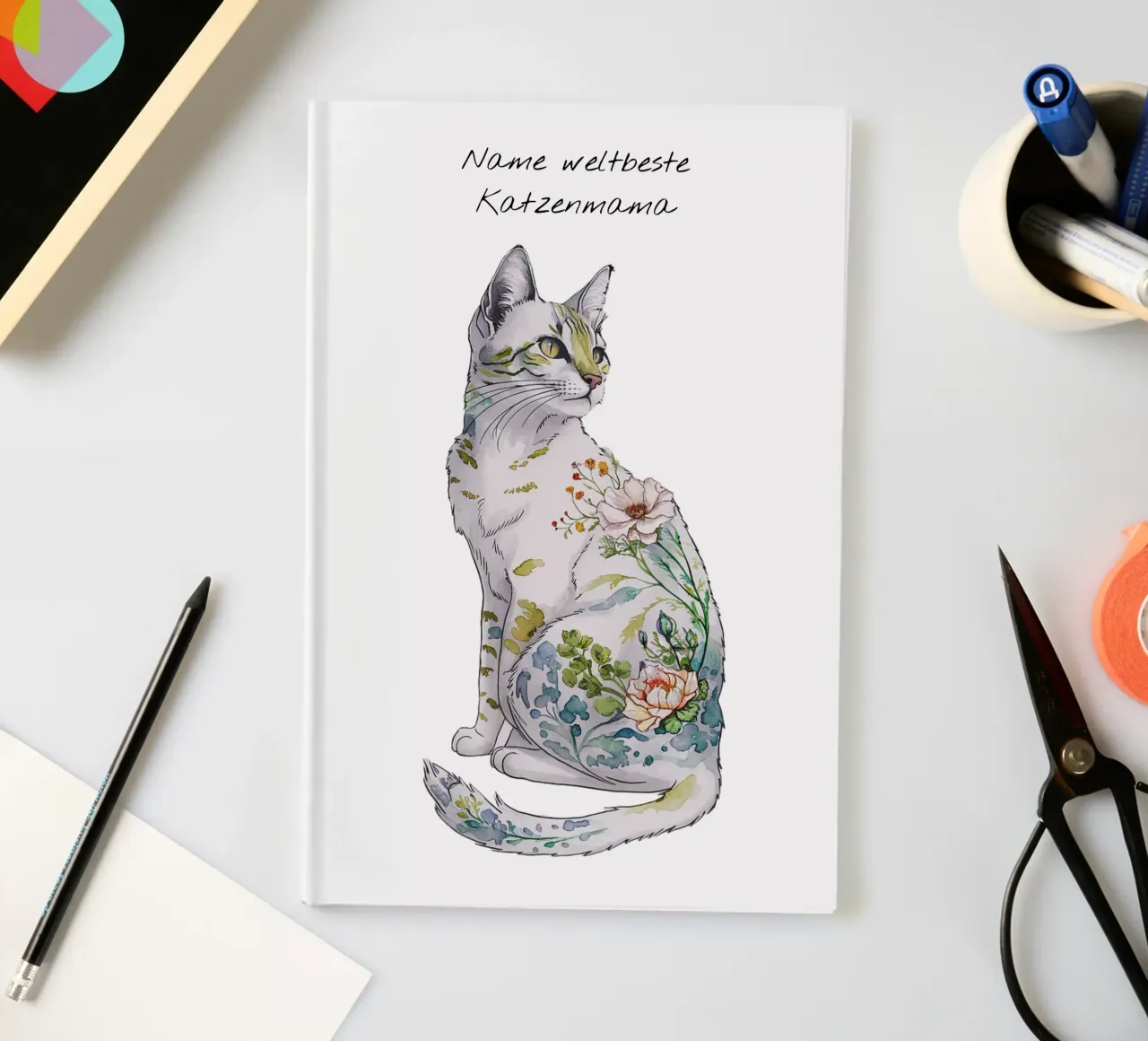 Cat motif floral with text of your choice notebook by 20 Farben