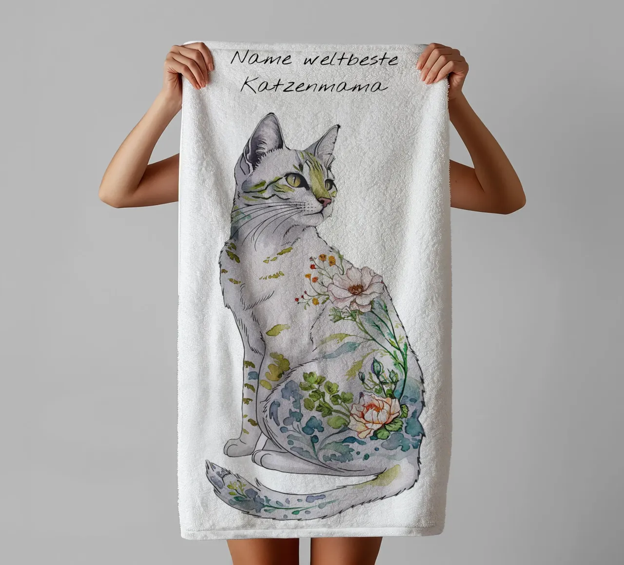 Cat motif floral with text of your choice towel by 20 Farben