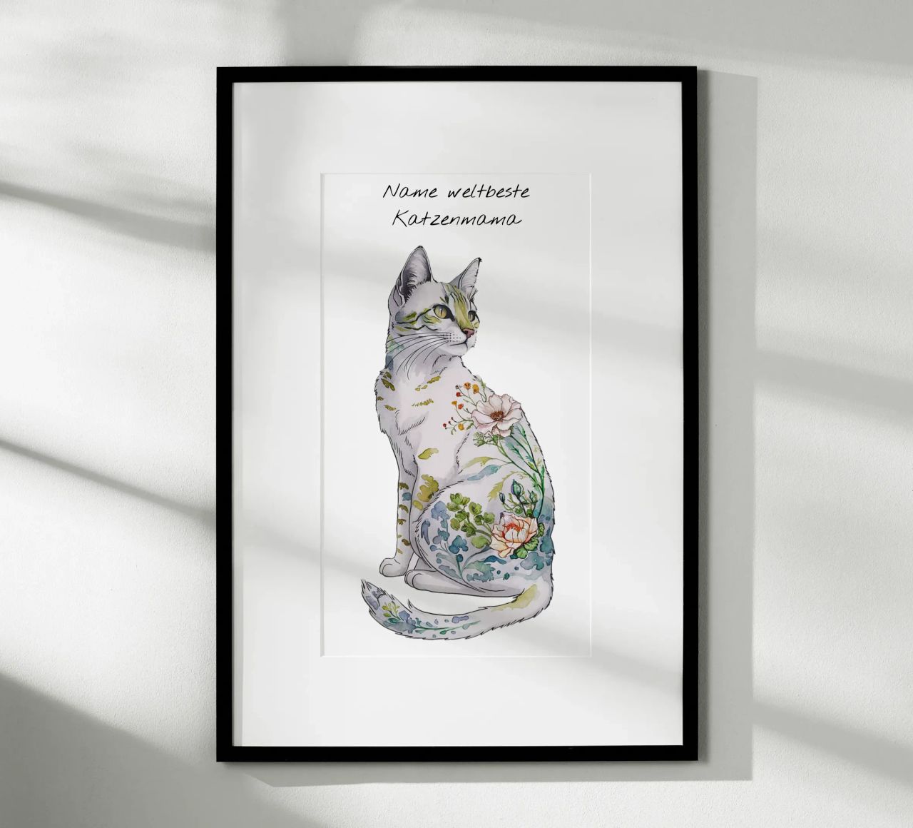 Katzenmotiv floral mit Wunschtext Poster von 20 Farben