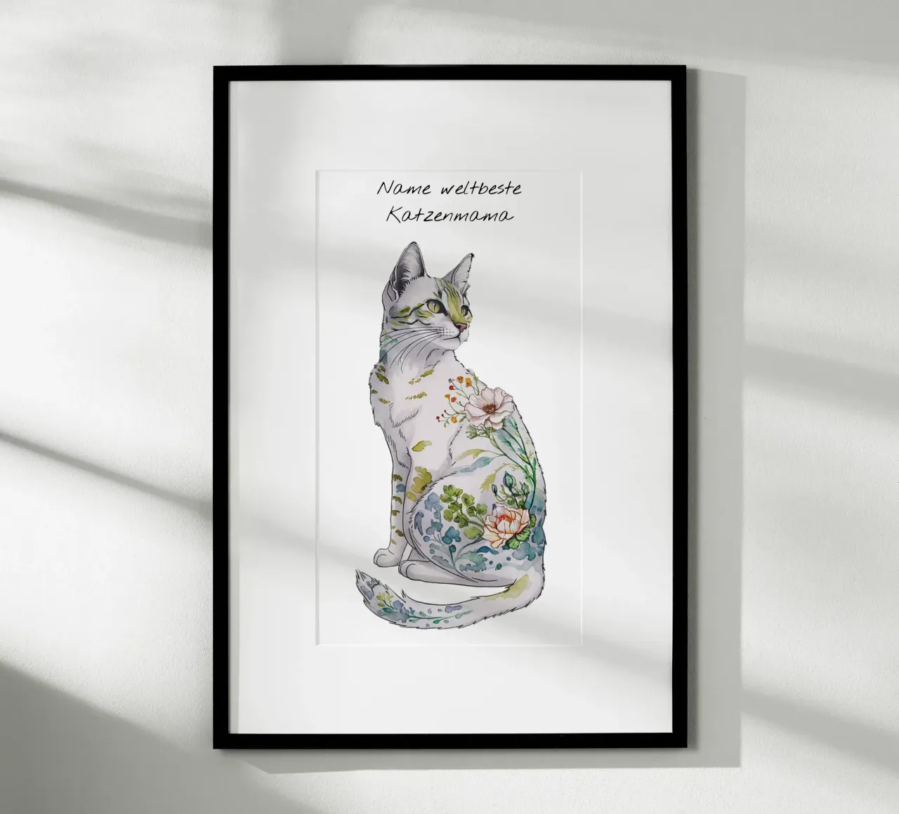 Cat motif floral with text of your choice poster with plastic frame by 20 Farben