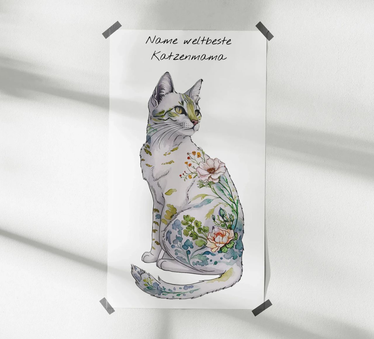 Katzenmotiv floral mit Wunschtext Poster von 20 Farben