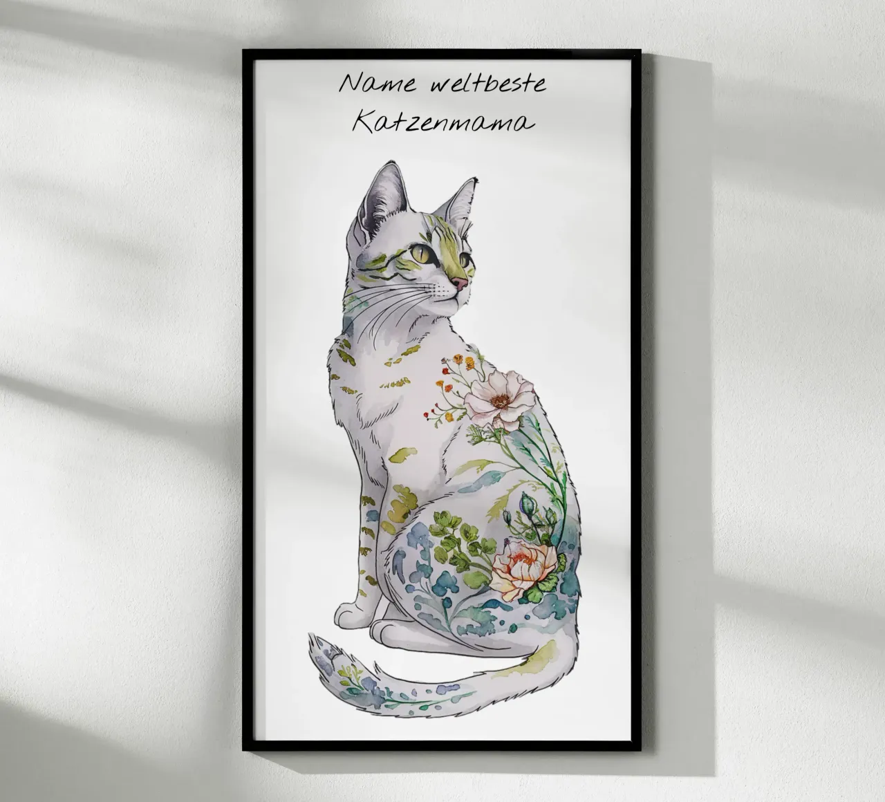 Cat motif floral with text of your choice poster with plastic frame by 20 Farben