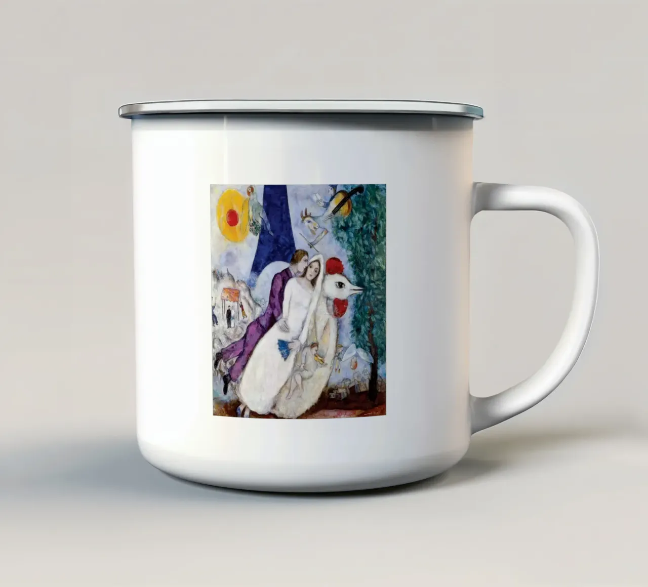 Fluttuare nell'universo narrativo di Marc Chagall tazza in smalto da Cindy Cronin