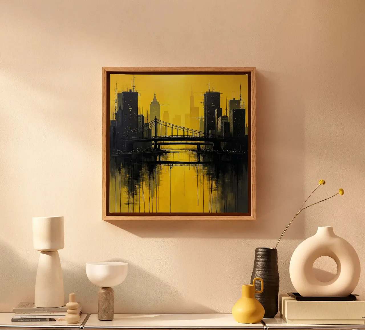 Skyline with bridge_yellow canvas with Floater frame by Fantasie & Mystikwelten by LK