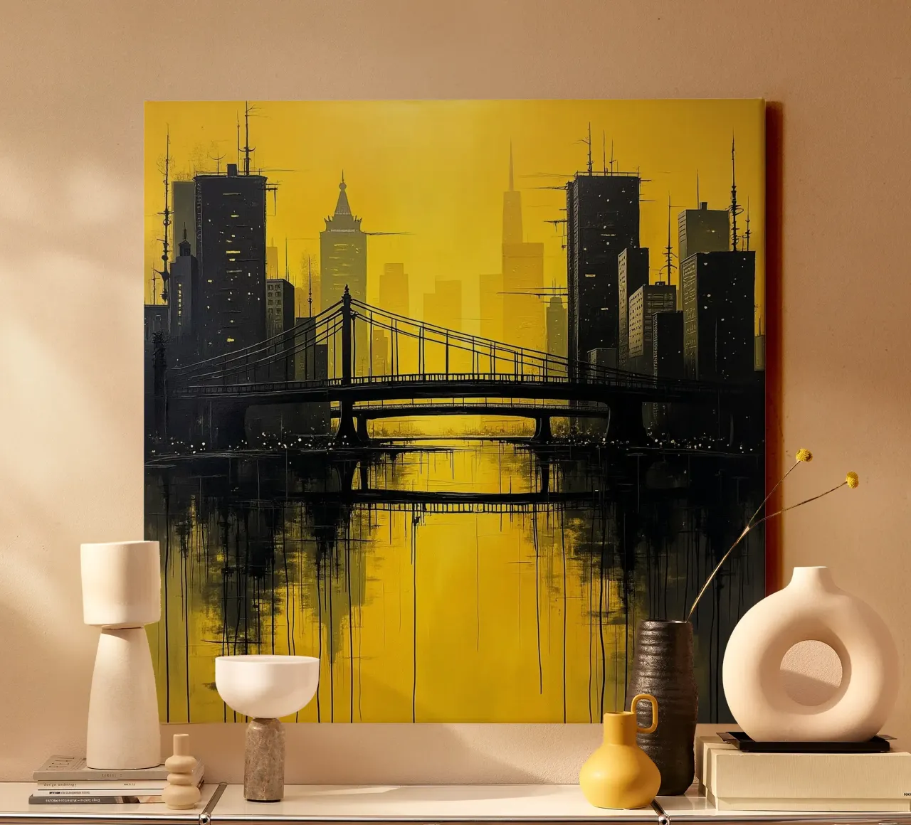 Skyline with bridge_yellow canvas with Floater frame by Fantasie & Mystikwelten by LK