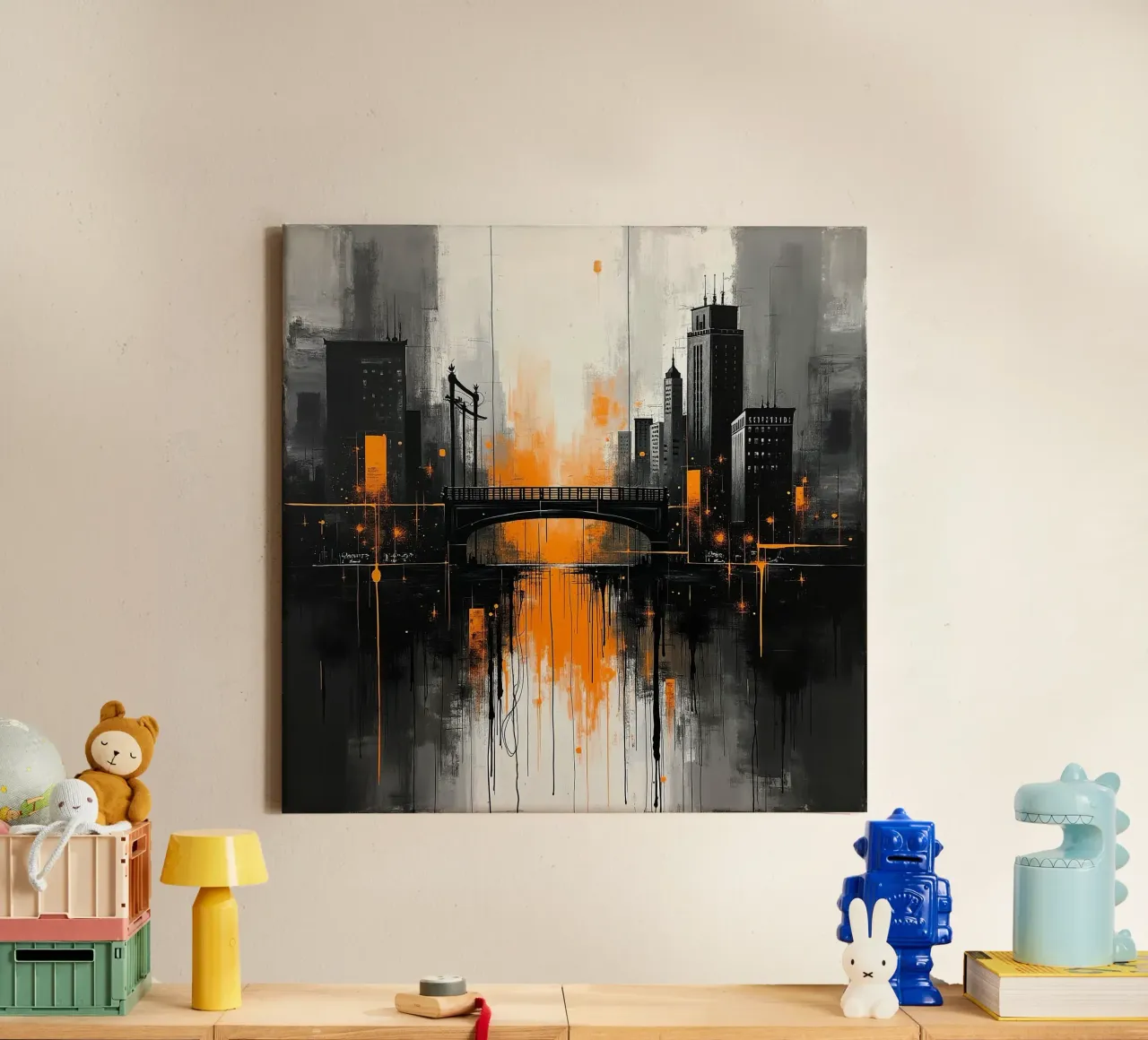 Skyline con ponte_arancio tela con Cornice a cassetta da Fantasie & Mystikwelten by LK