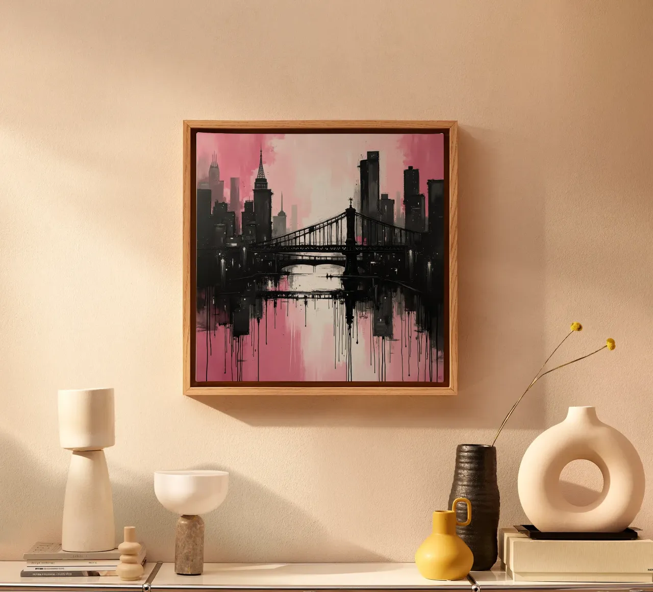 Skyline with bridge_pink canvas with Floater frame by Fantasie & Mystikwelten by LK
