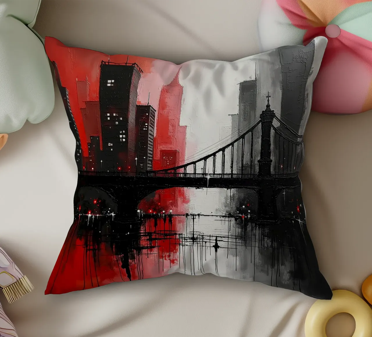 Skyline con ponte_rosso cuscino da Fantasie & Mystikwelten by LK