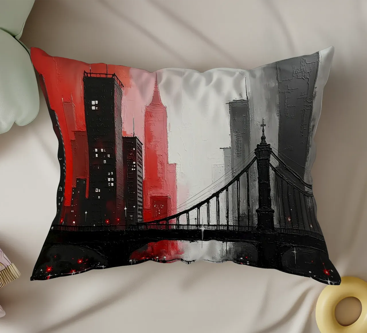 Skyline con ponte_rosso cuscino da Fantasie & Mystikwelten by LK