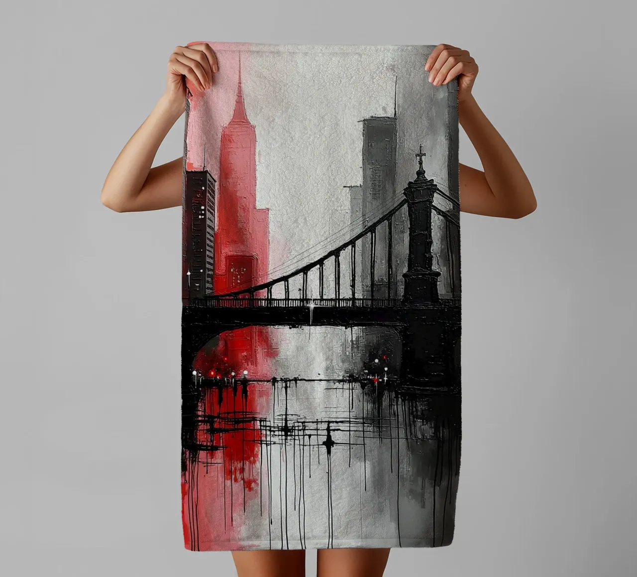 Skyline with bridge_red towel by Fantasie & Mystikwelten by LK