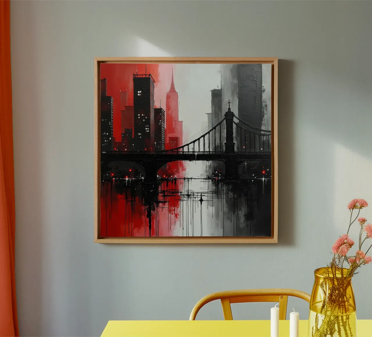 Skyline con ponte_rosso tela con Cornice a cassetta da Fantasie & Mystikwelten by LK