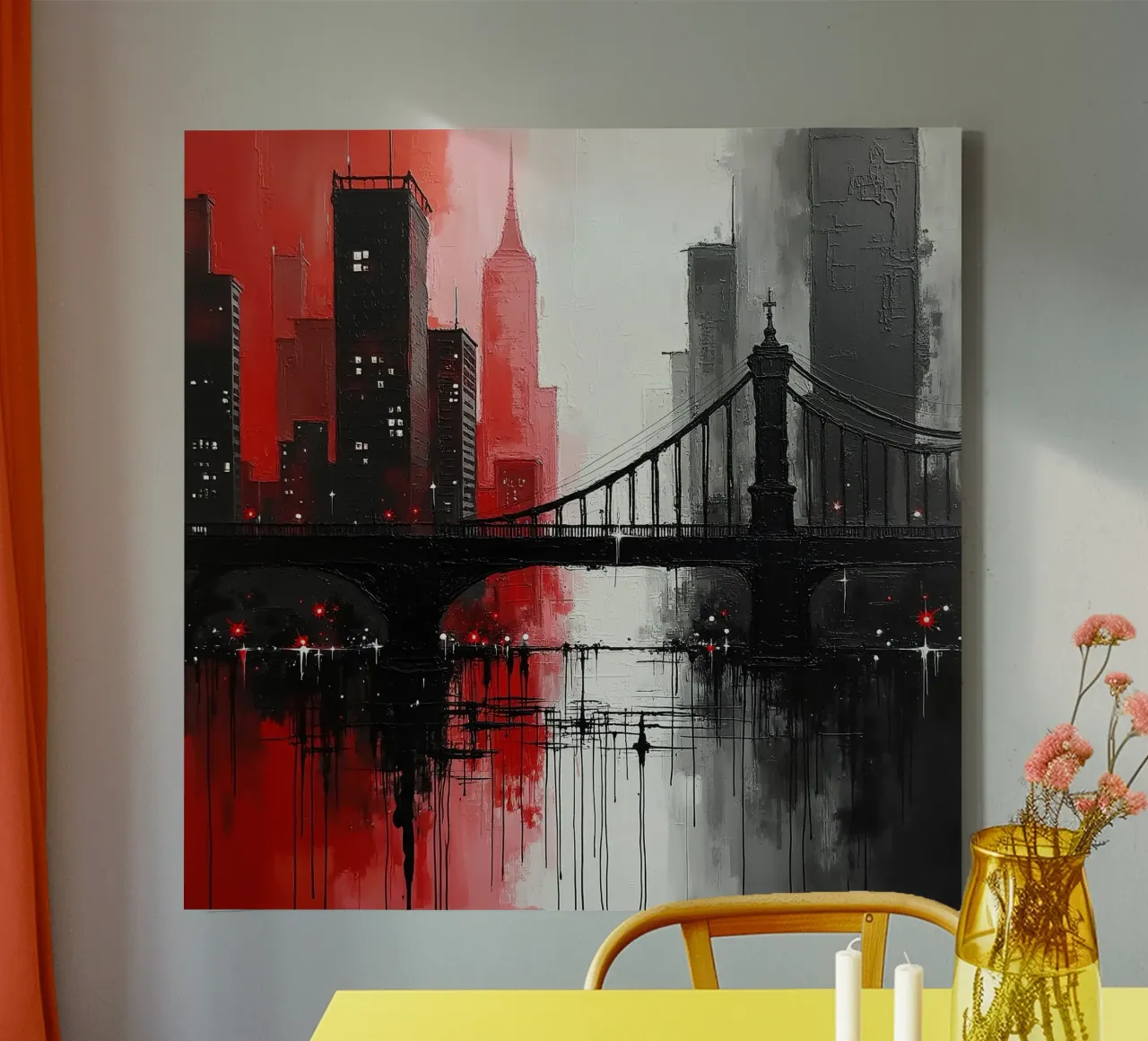 Skyline con ponte_rosso tela con Cornice a cassetta da Fantasie & Mystikwelten by LK