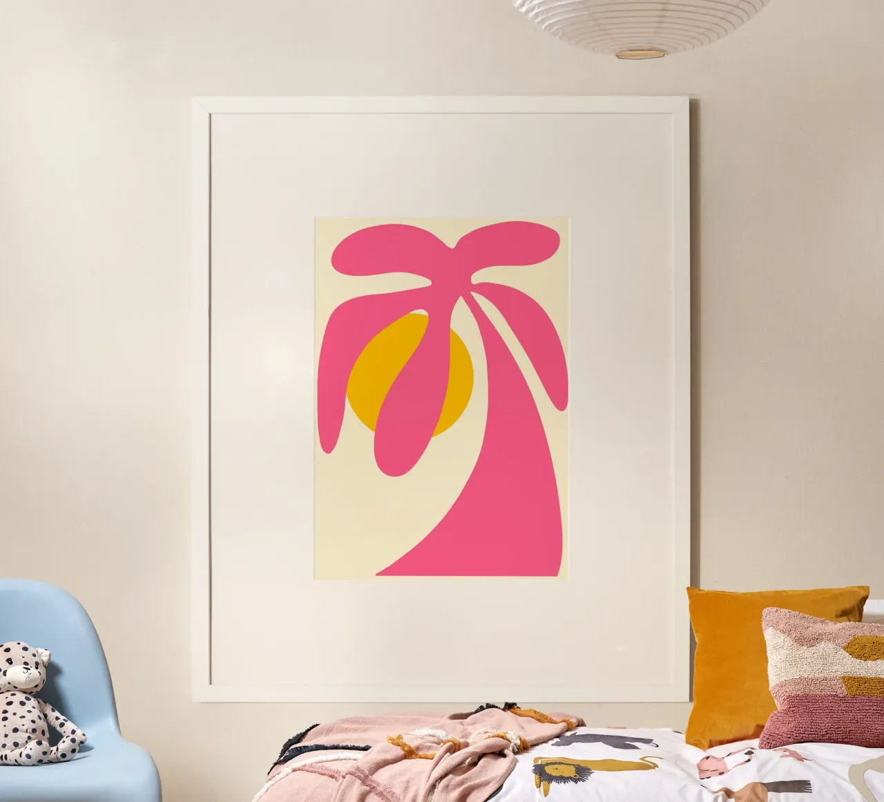 Arte murale astratta con palma rosa e sole poster da vintagepod
