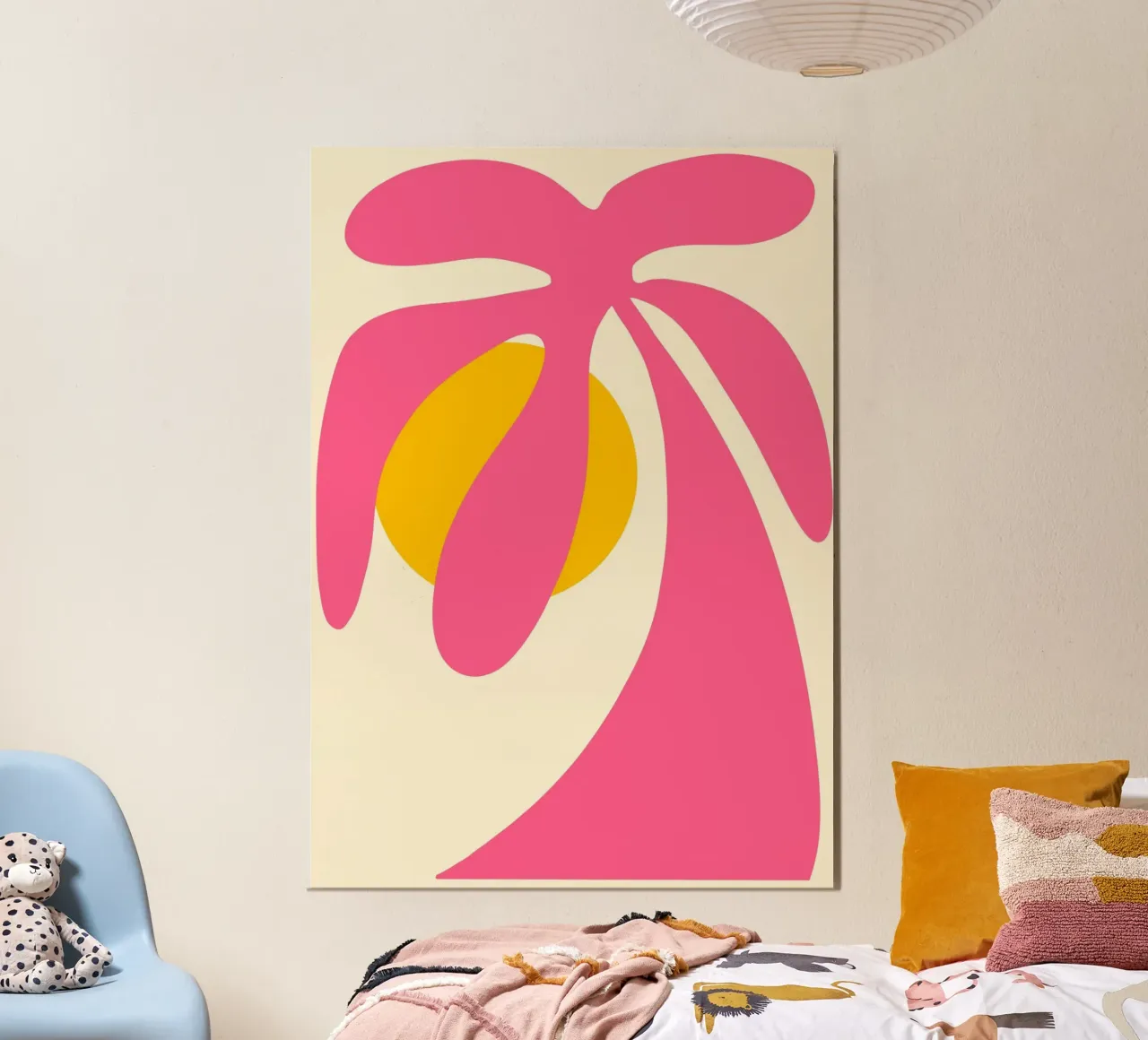 Arte murale astratta con palma rosa e sole poster da vintagepod
