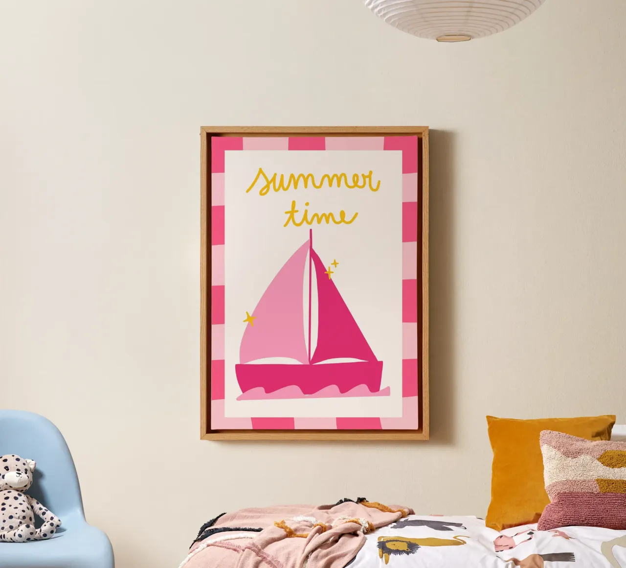 Zomertijd Zeilboot Retro Roze Poster canvas met Baklijst van vintagepod