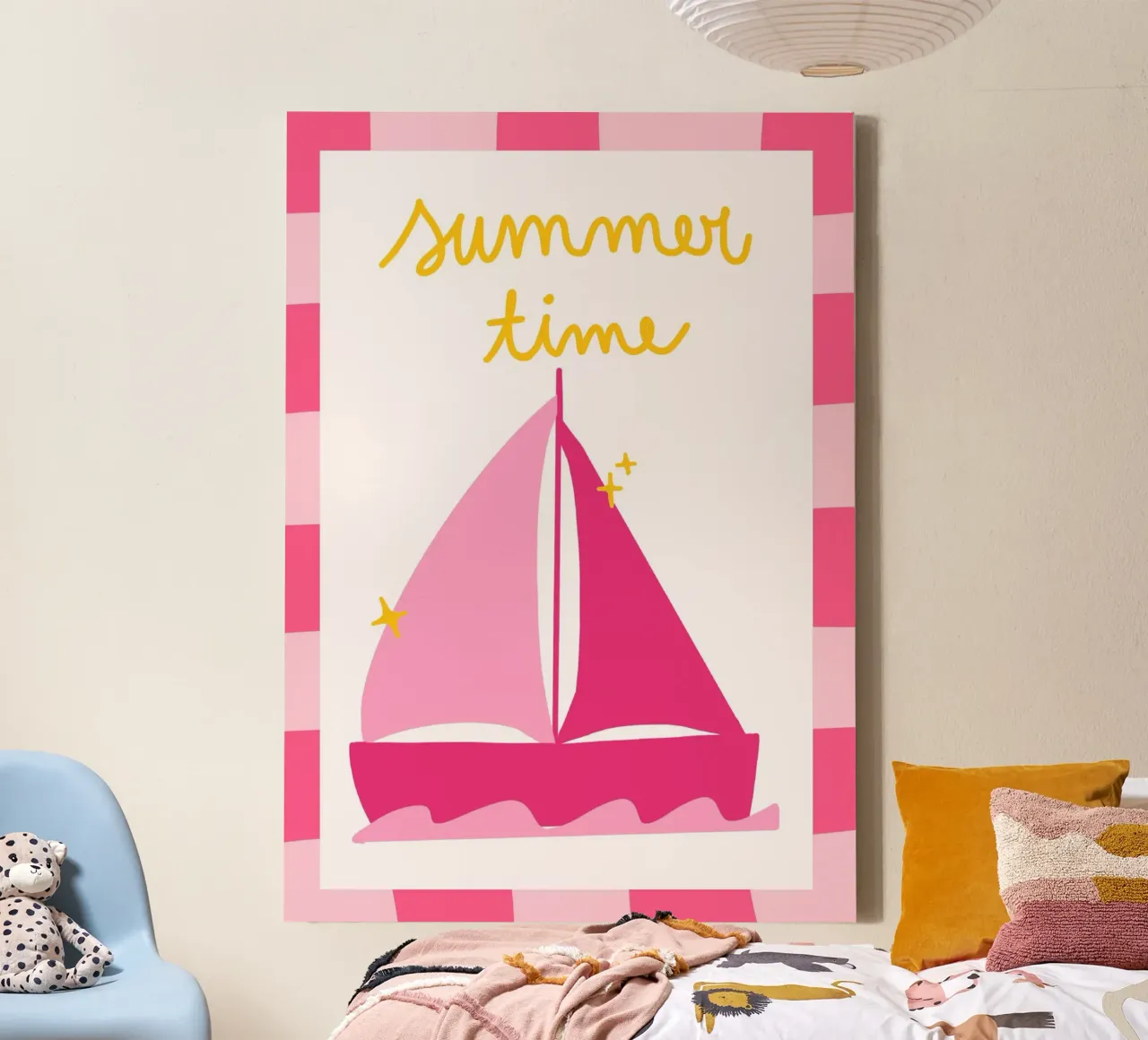 Zomertijd Zeilboot Retro Roze Poster canvas met Baklijst van vintagepod