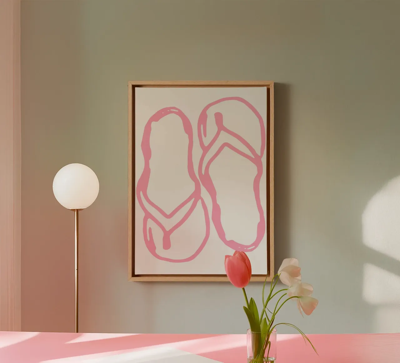 Minimalist Pink Flip Flops Line Art Print canvas with Floater frame by vintagepod