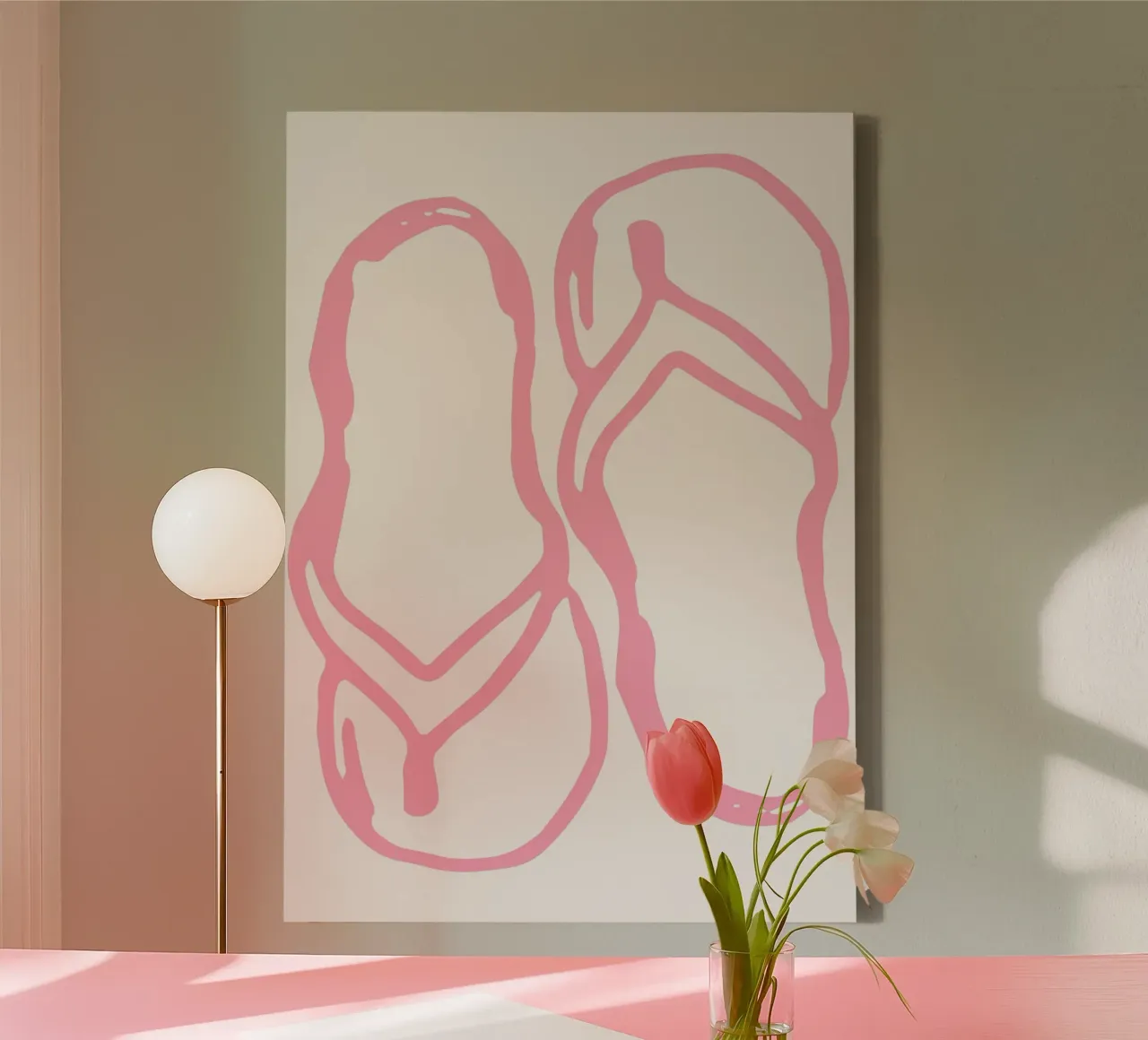 Minimalist Pink Flip Flops Line Art Print canvas with Floater frame by vintagepod