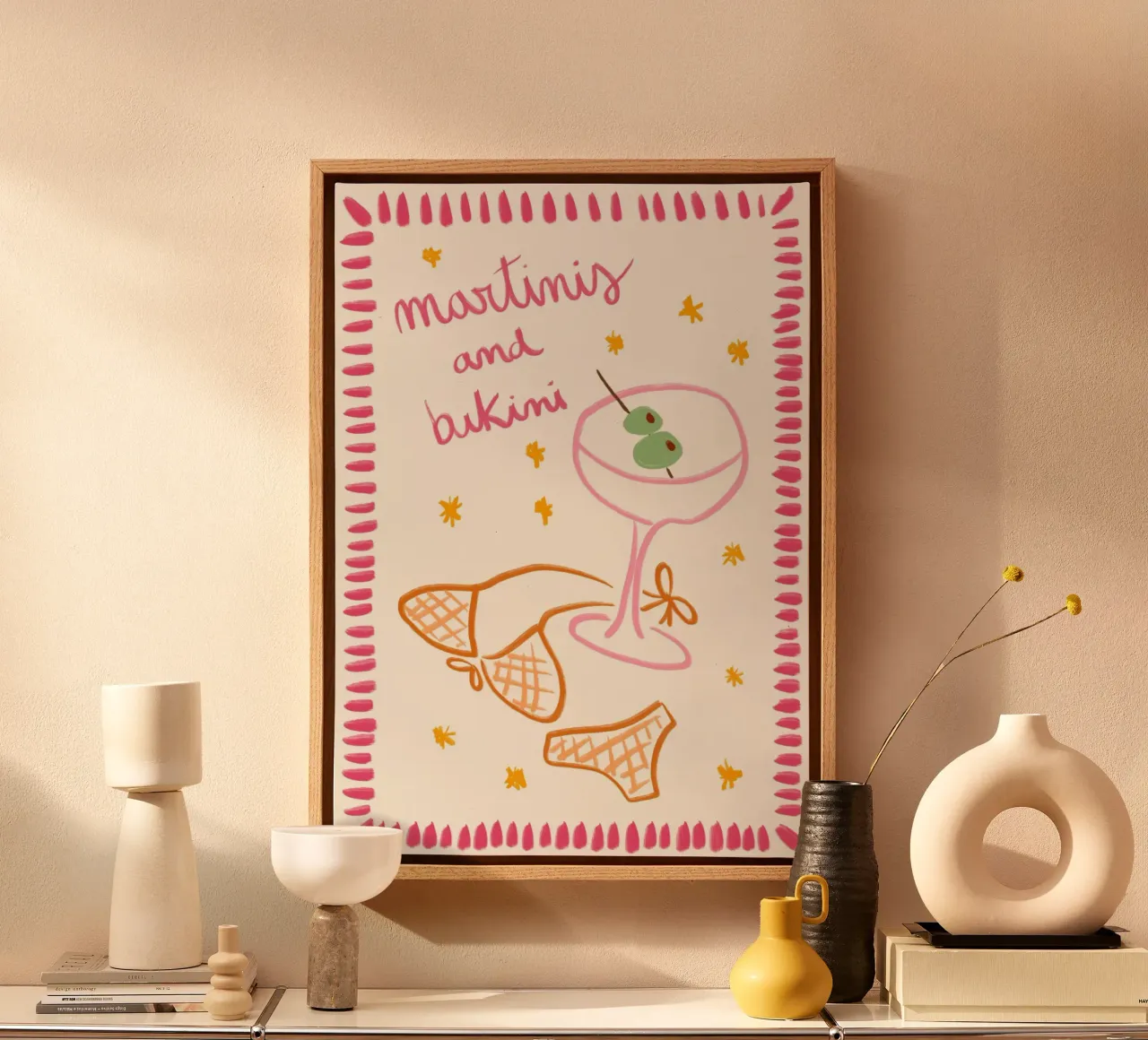 Martinis and Bikinis Retro Illustration Print canvas with Floater frame by vintagepod