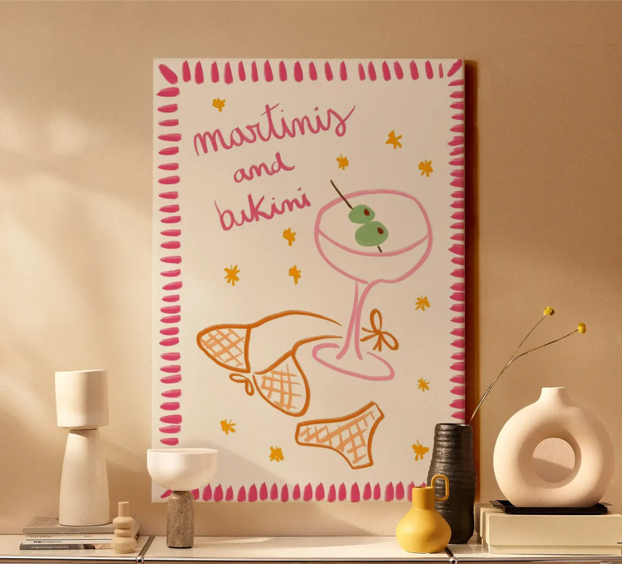 Martinis and Bikinis Retro Illustration Print canvas with Floater frame by vintagepod