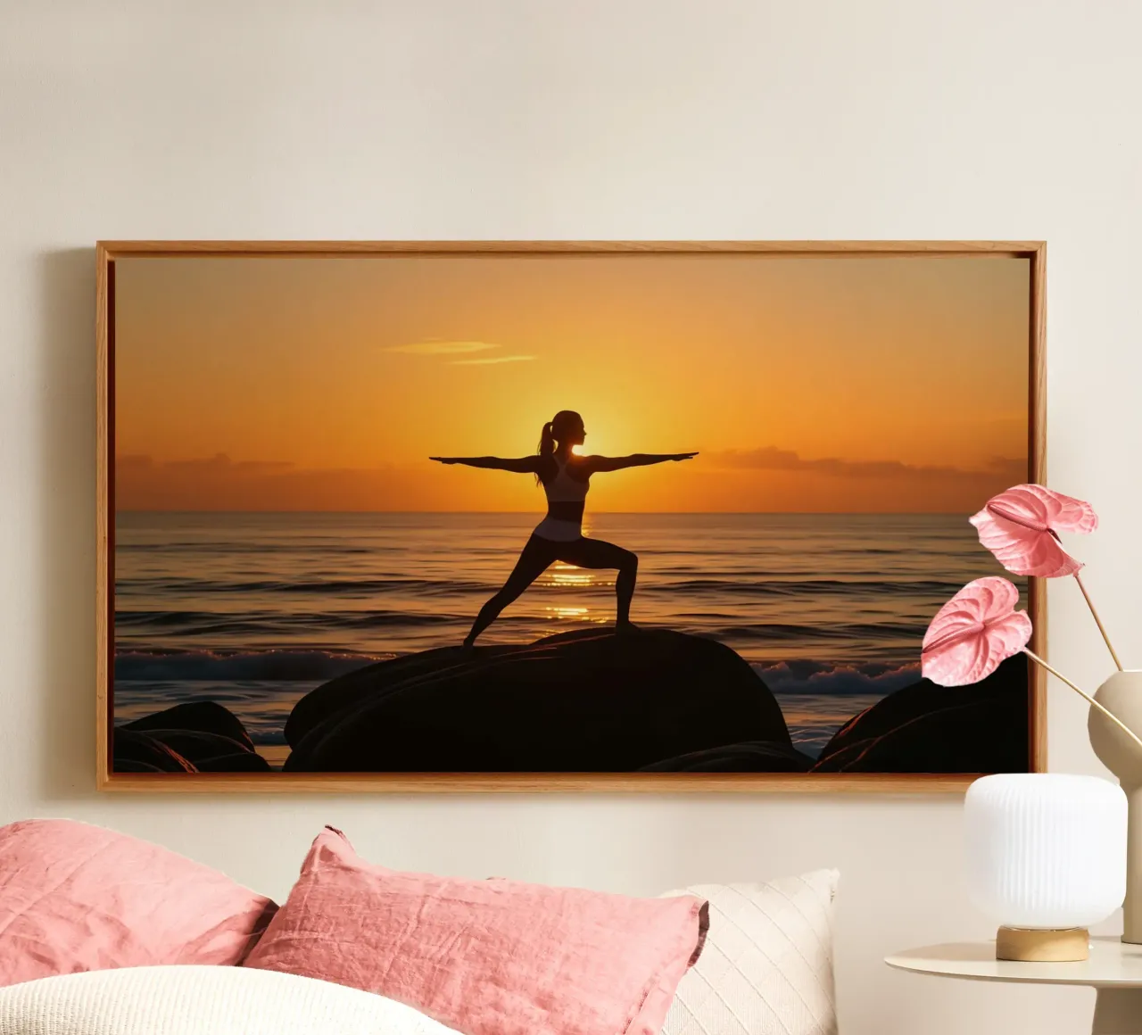 Mujer practicando kata al amanecer lienzo con Marco flotante de Magic Screen