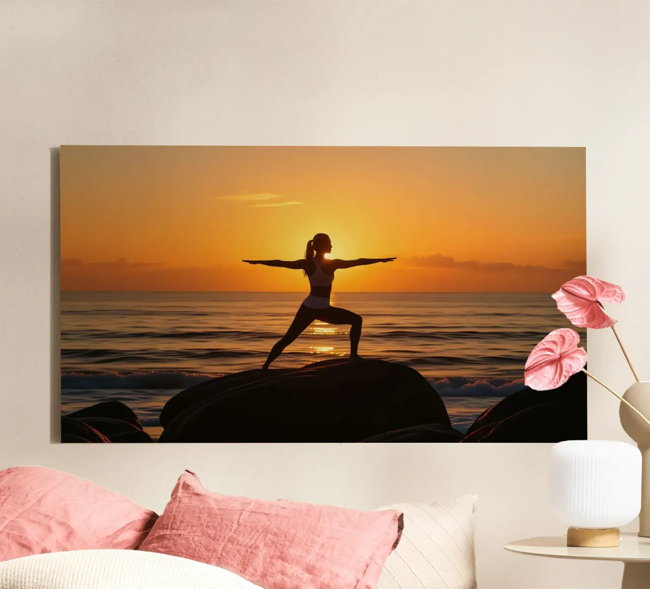 Mujer practicando kata al amanecer lienzo con Marco flotante de Magic Screen