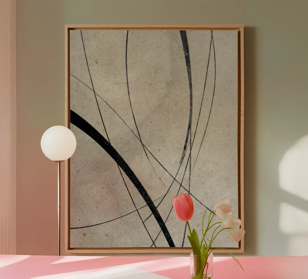 Abstract Minimalist Line Art on Neutral Background canvas with Floater frame by Artbyvo