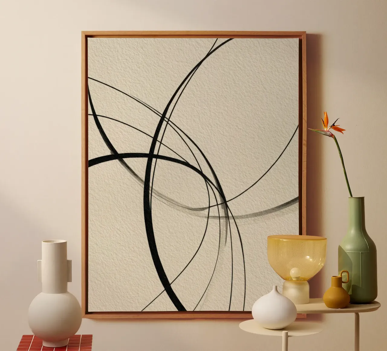 Minimalist Abstract Line Art on Beige Canvas Leinwand mit Schattenfugenrahmen von Artbyvo