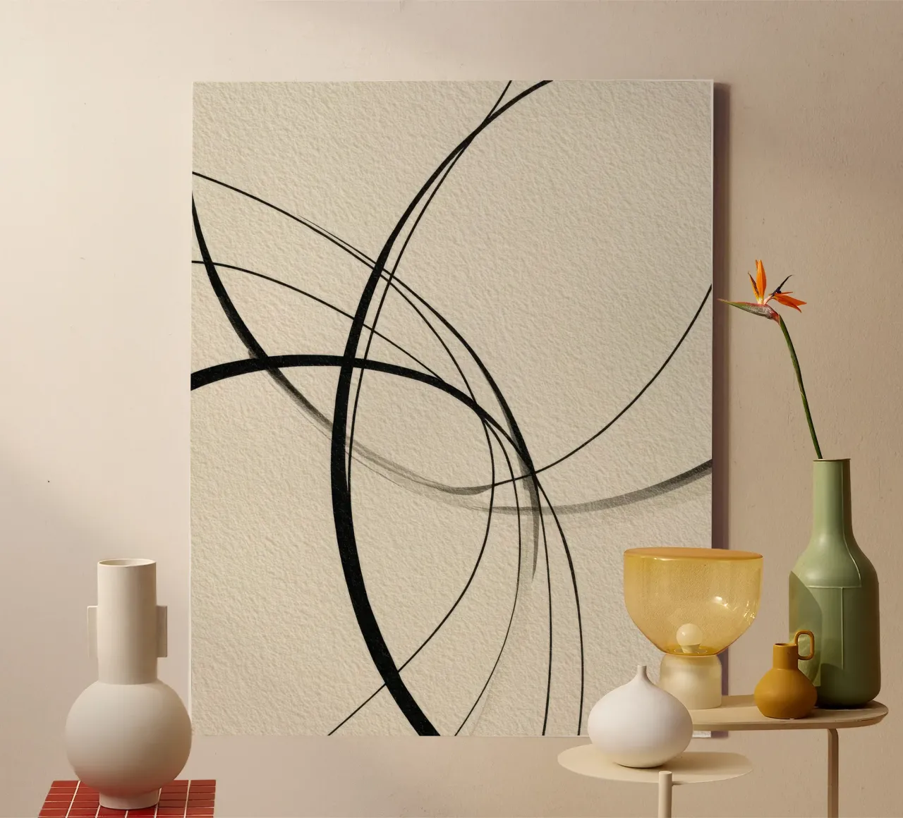Minimalist Abstract Line Art on Beige Canvas Leinwand mit Schattenfugenrahmen von Artbyvo